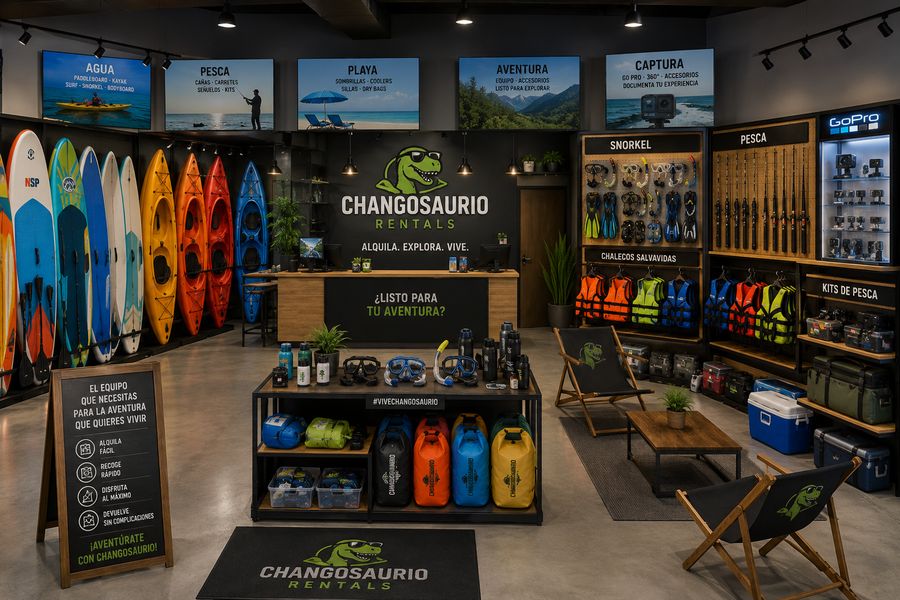 Concepto del Adventure Hub: tablas y kayaks en pared, mostrador de reservas y estantes de accesorios